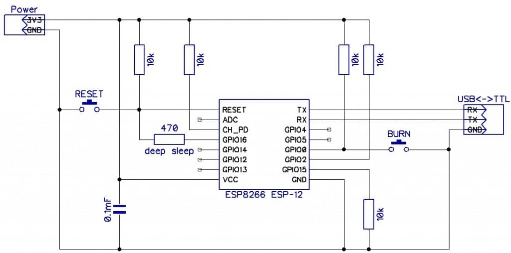 Схема подключения ESP8266 (без автозагрузки прошивки)